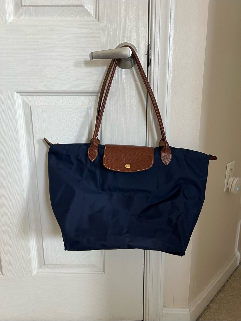 Longchamp Navy and Brown Le Pliage Large Tote